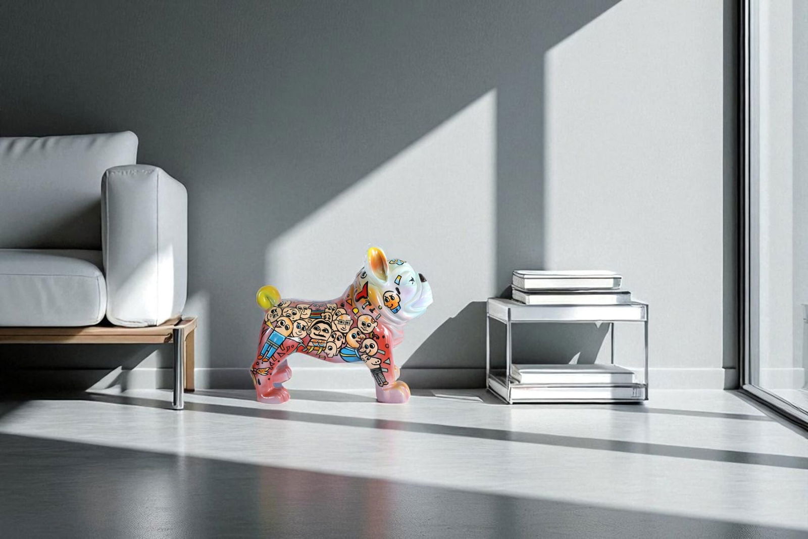 Resin Bulldog Statue - Large Hand-Painted Pop Art Graffiti Dog Figurine with Cartoon Faces & - 7