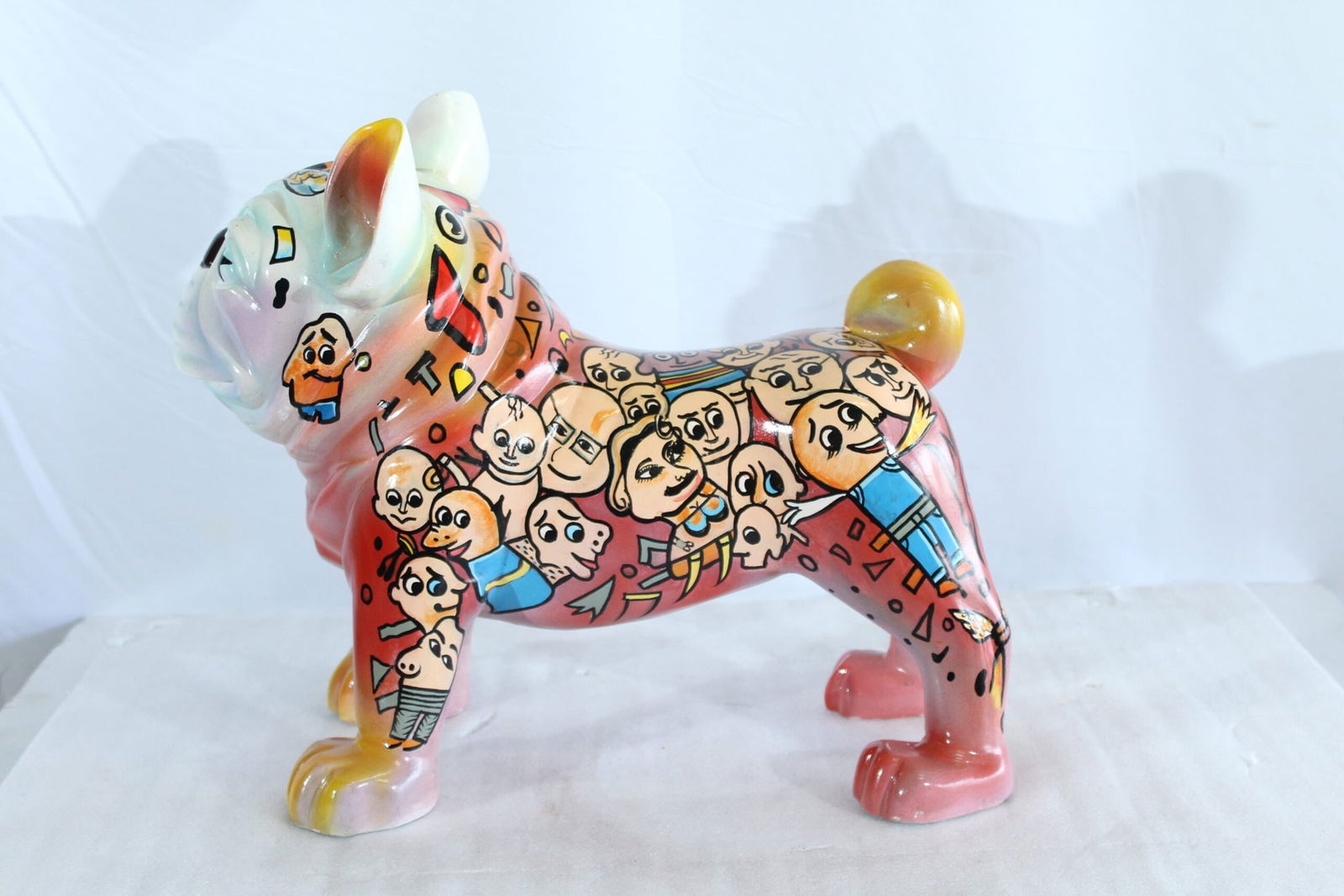 Resin Bulldog Statue - Large Hand-Painted Pop Art Graffiti Dog Figurine with Cartoon Faces & - 8