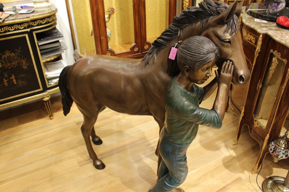 Young Girl and her pony Bronze Statue - Size: 48"L x 20"W x 48"H. - 10