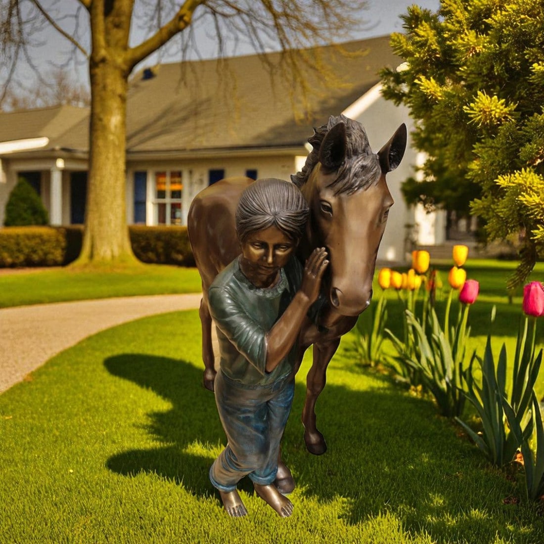 Young Girl and her pony Bronze Statue - Size: 48"L x 20"W x 48"H. - 2