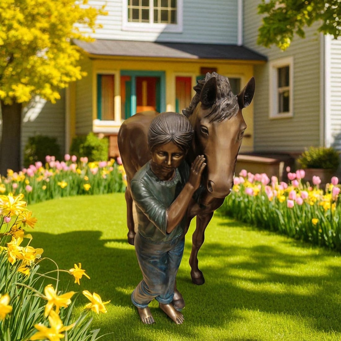 Young Girl and her pony Bronze Statue - Size: 48"L x 20"W x 48"H. - 3