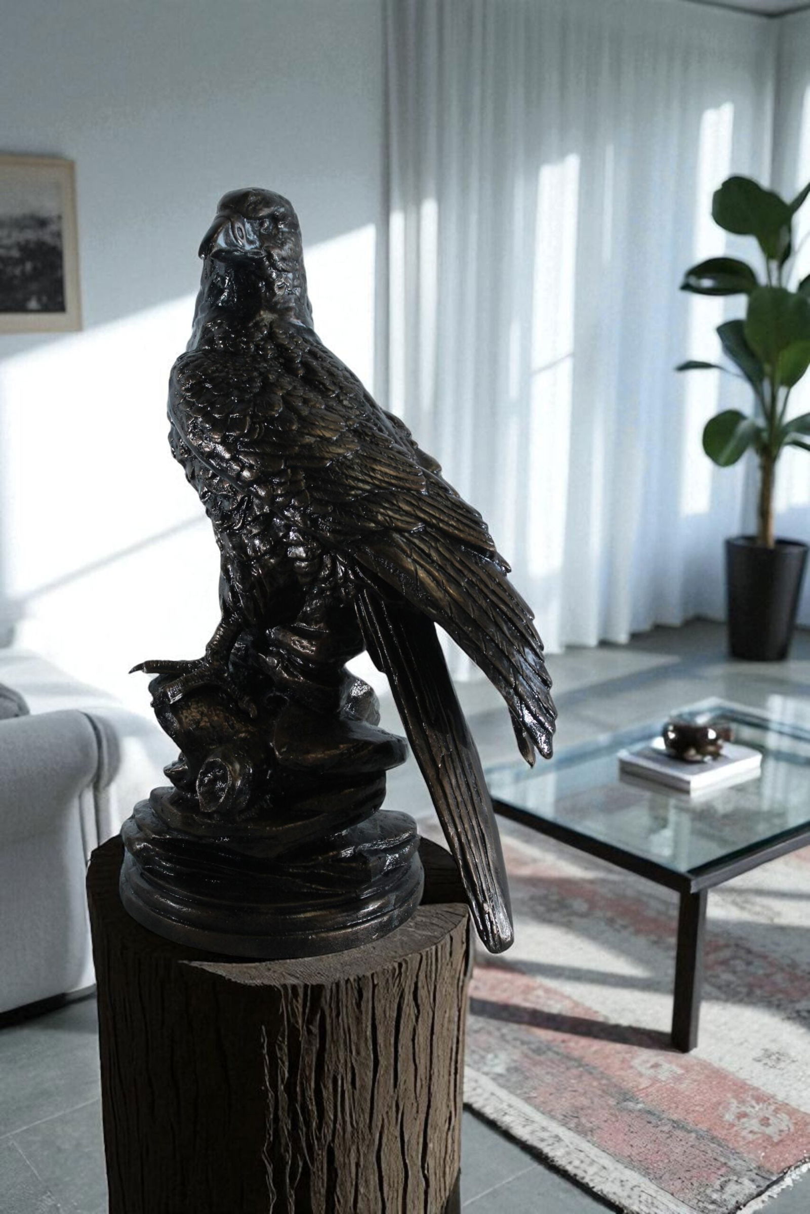 Aluminum Eagle Statue on Tree Stump - Nature-Inspired Bird Sculpture with Dark Metallic Finish - 20" - 11