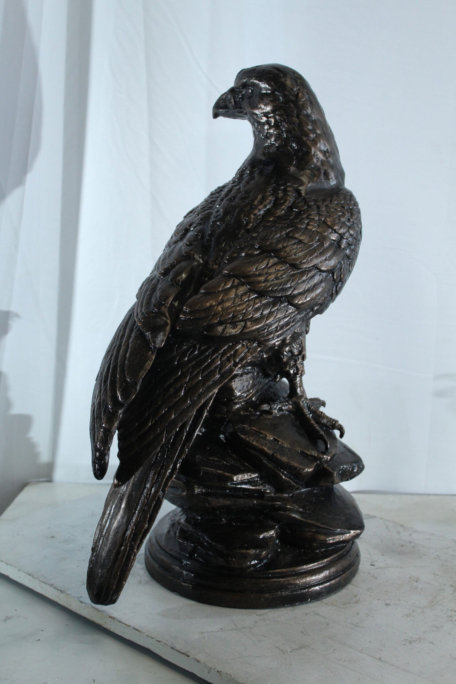 Aluminum Eagle Statue on Tree Stump - Nature-Inspired Bird Sculpture with Dark Metallic Finish - 20" - 7
