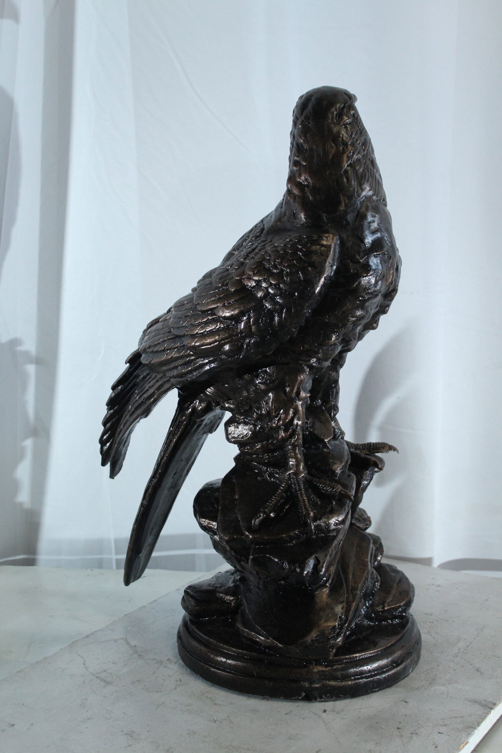 Aluminum Eagle Statue on Tree Stump - Nature-Inspired Bird Sculpture with Dark Metallic Finish - 20" - 9