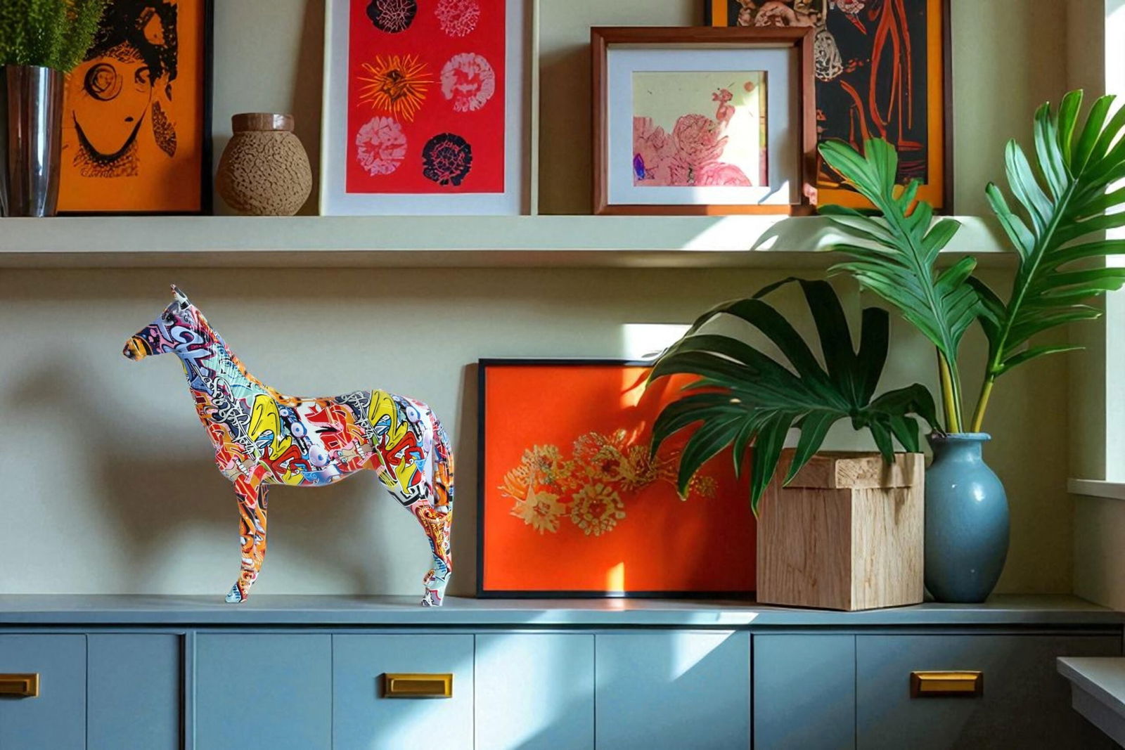 Resin Horse Statue - Graffiti-Style Indoor/Outdoor Sculpture, Hand-Painted Multicolor Art Design,: Title:Resin Horse Statue - Graffiti-Style Indoor/Outdoor Sculpture, Hand-Painted Multicolor Art Design, Modern Figurine for Homes, Offices, Art Galleries & Eclectic Collections 16" x 4" x