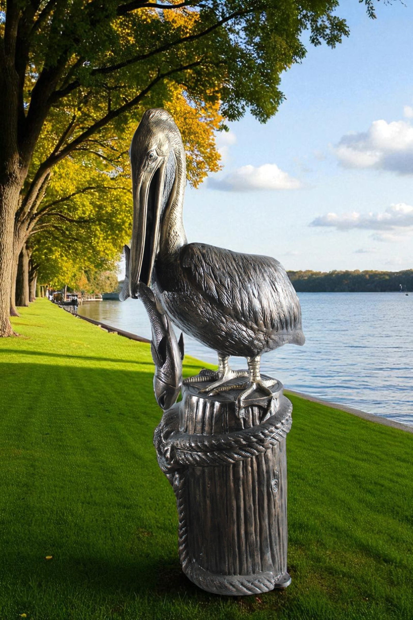 Giant Aluminum Pelican Statue with Fish - Coastal Dock Post Sculpture for Nautical & Marine Decor - - 10