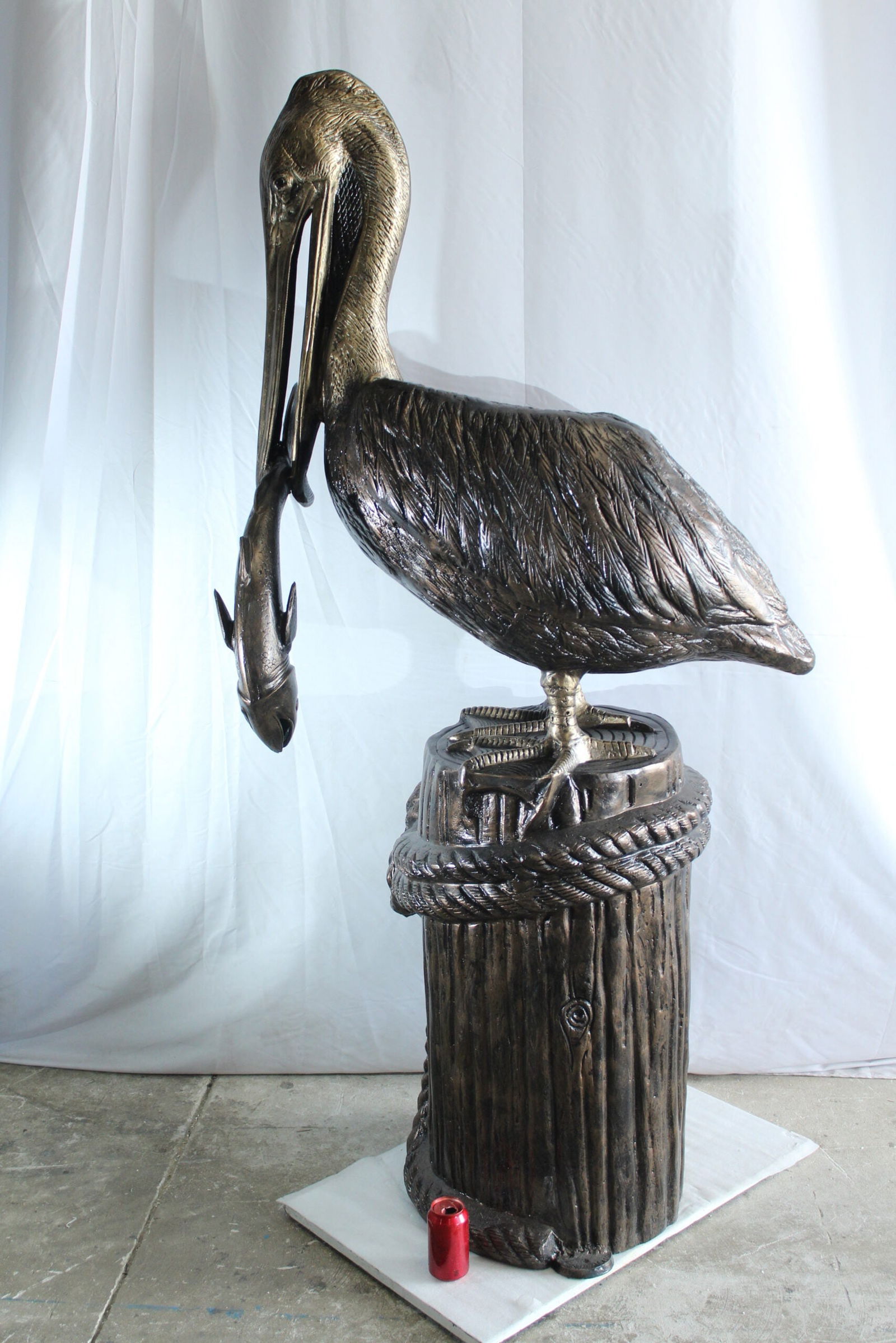 Giant Aluminum Pelican Statue with Fish - Coastal Dock Post Sculpture for Nautical & Marine Decor - - 12