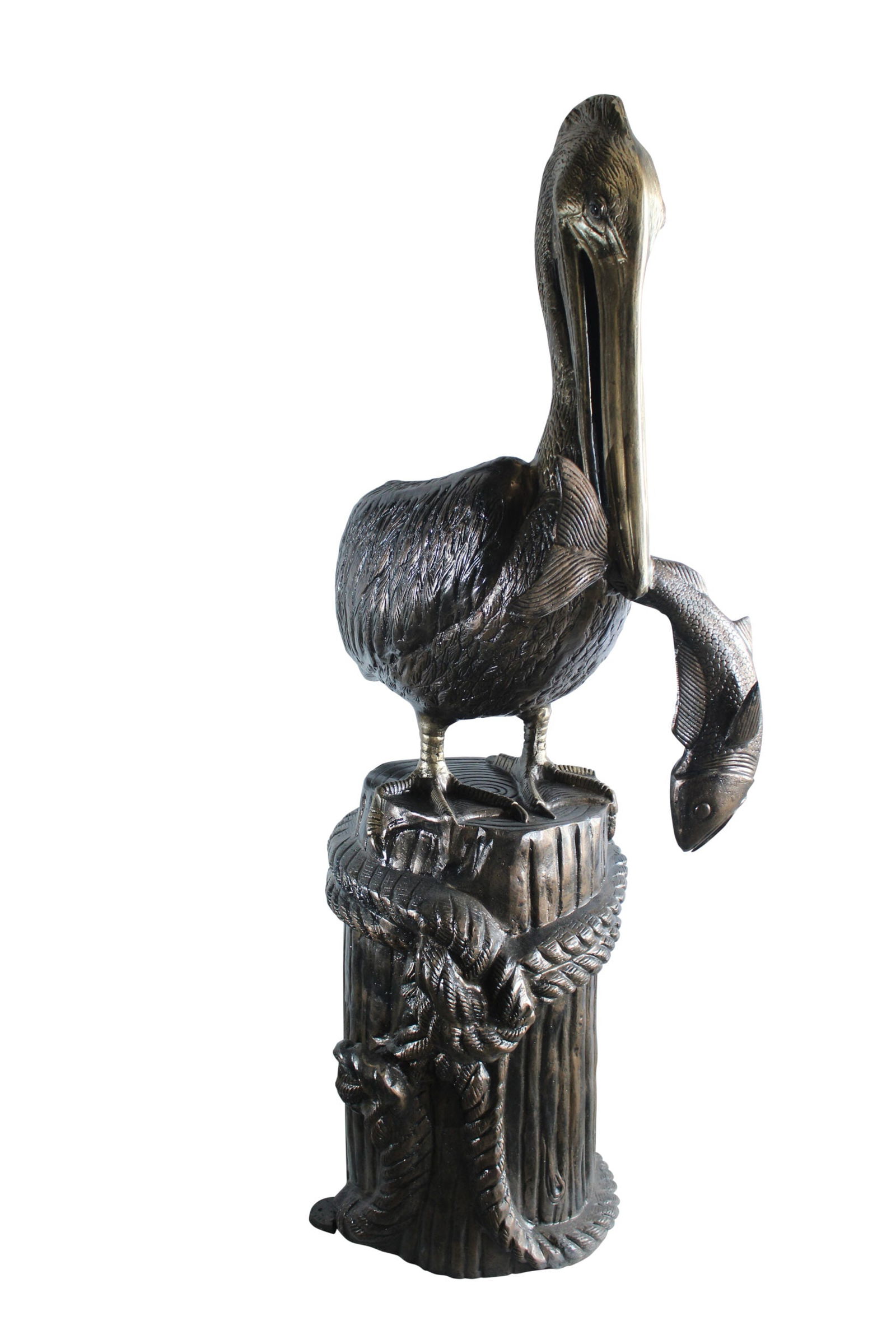 Giant Aluminum Pelican Statue with Fish - Coastal Dock Post Sculpture for Nautical & Marine Decor -: Title:Giant Aluminum Pelican Statue with Fish - Coastal Dock Post Sculpture for Nautical & Marine Decor - 40" x 33" x 78"HDescription:This giant aluminum pelican statue captures a dramatic seaside