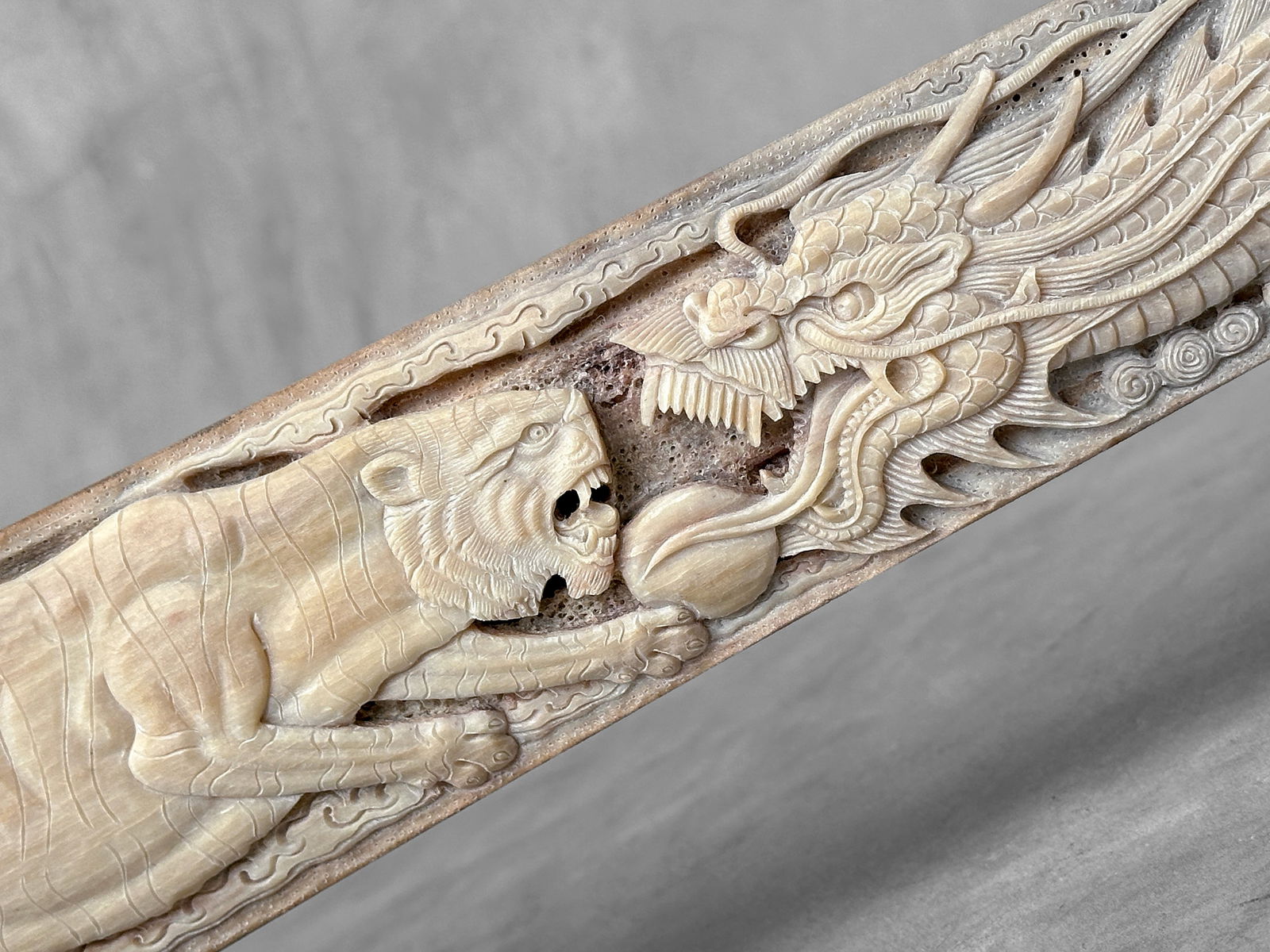 An extra large carved swordfish rostrum - Tiger dragon carving - 4