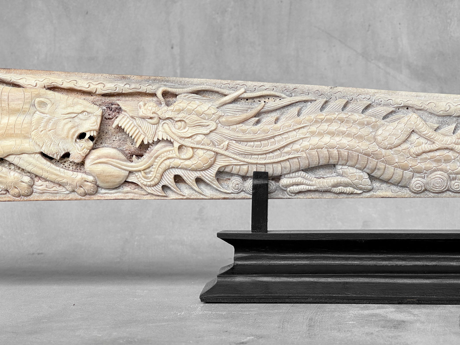 An extra large carved swordfish rostrum - Tiger dragon carving - 7