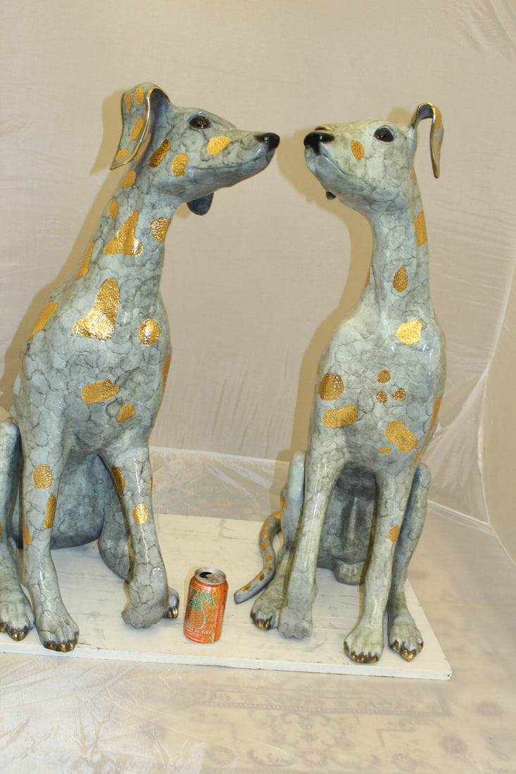 Pair of Golden Pleated Dalmatians Sitting Bronze Statue - 21"L x 16"W x 35"H. - 10