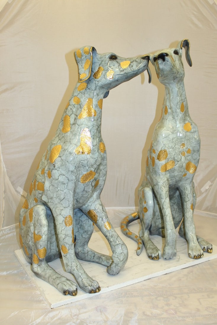 Pair of Golden Pleated Dalmatians Sitting Bronze Statue - 21"L x 16"W x 35"H. - 11