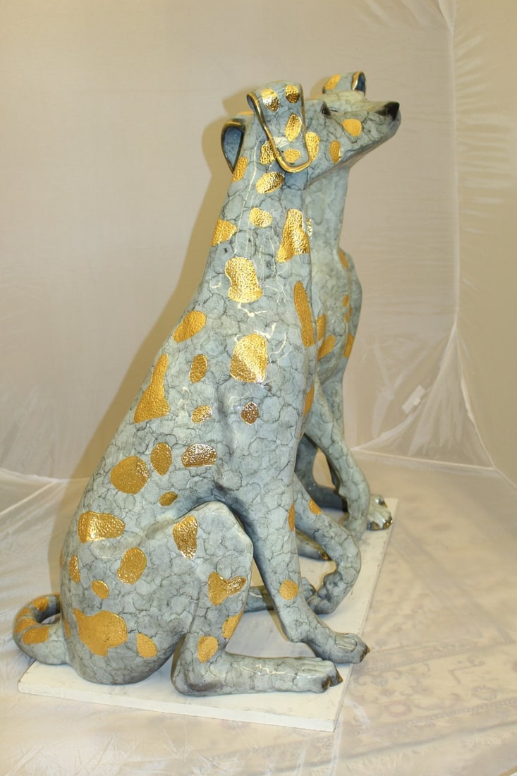 Pair of Golden Pleated Dalmatians Sitting Bronze Statue - 21"L x 16"W x 35"H. - 12