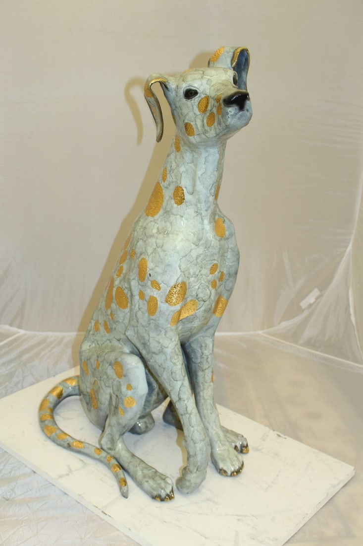 Pair of Golden Pleated Dalmatians Sitting Bronze Statue - 21"L x 16"W x 35"H. - 13