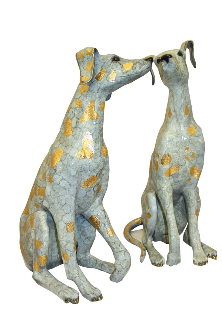 Pair of Golden Pleated Dalmatians Sitting Bronze Statue - 21"L x 16"W x 35"H.: Title:Pair of Golden Pleated Dalmatians Sitting Bronze Statue - 21"L x 16"W x 35"H.Description:Standing in a classic pose, this pair of Golden-Plated Dalmatians are always aware of their