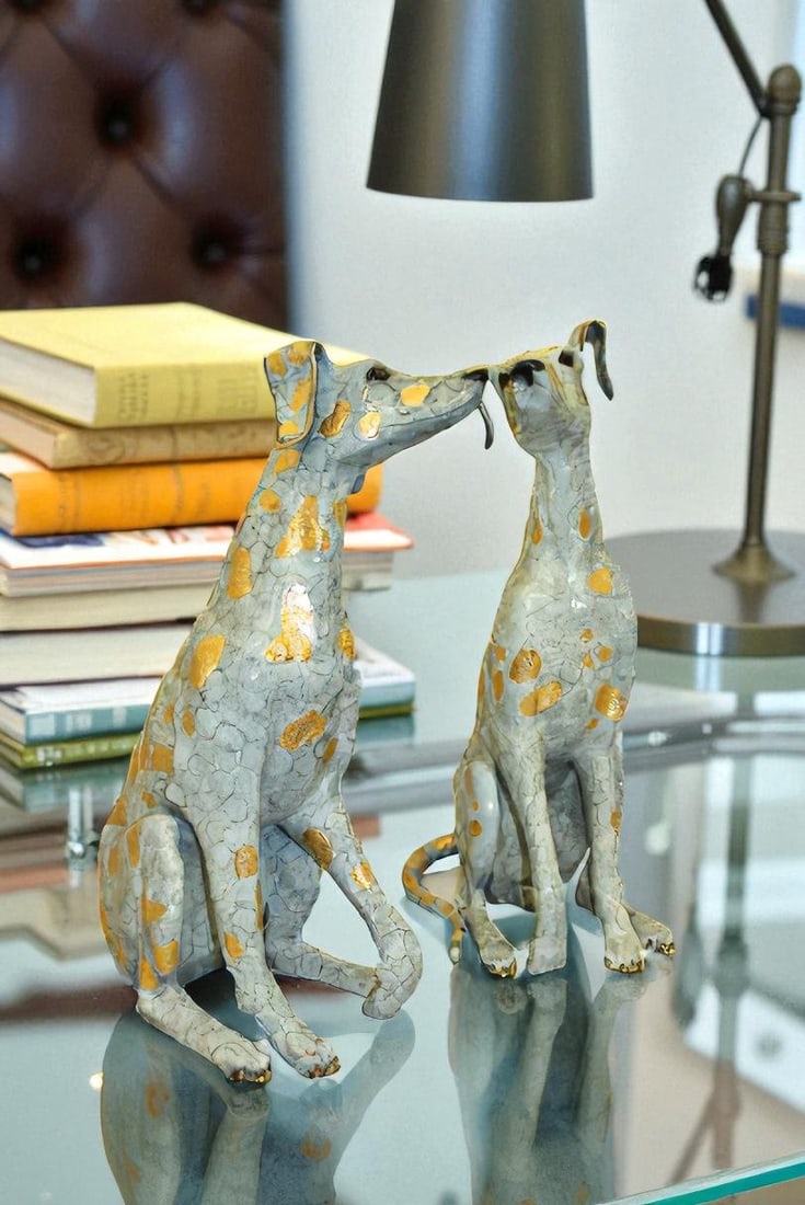 Pair of Golden Pleated Dalmatians Sitting Bronze Statue - 21"L x 16"W x 35"H. - 2