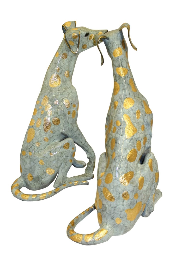 Pair of Golden Pleated Dalmatians Sitting Bronze Statue - 21"L x 16"W x 35"H. - 3