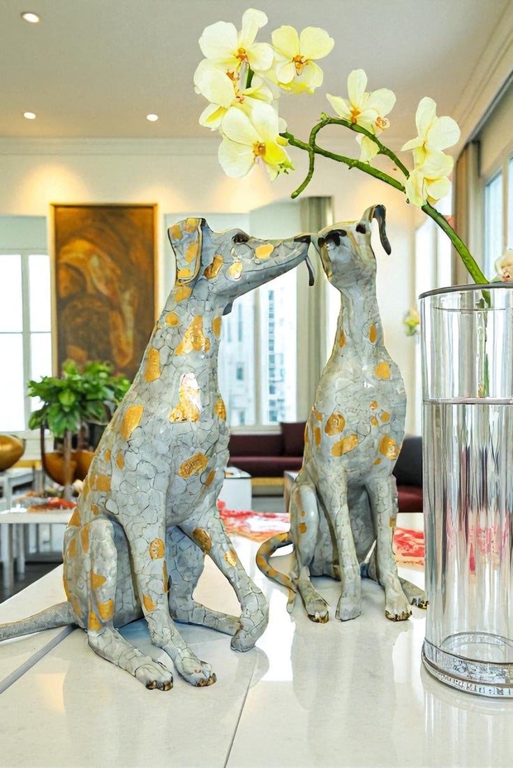 Pair of Golden Pleated Dalmatians Sitting Bronze Statue - 21"L x 16"W x 35"H. - 4