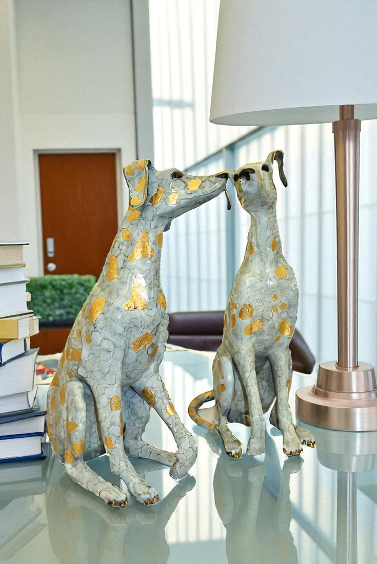 Pair of Golden Pleated Dalmatians Sitting Bronze Statue - 21"L x 16"W x 35"H. - 6