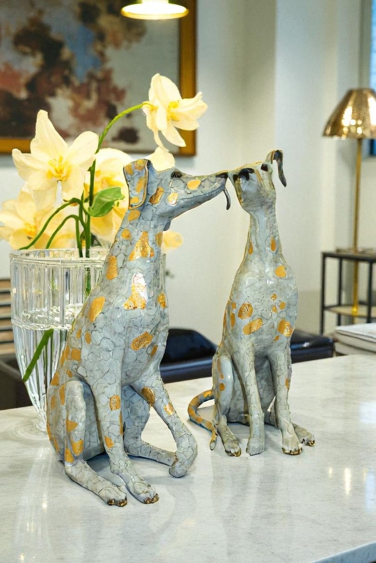 Pair of Golden Pleated Dalmatians Sitting Bronze Statue - 21"L x 16"W x 35"H. - 8