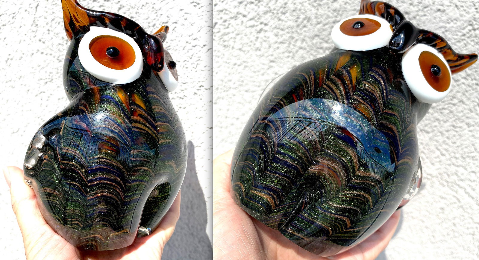 Blown glass owl statue with gold dust - 10