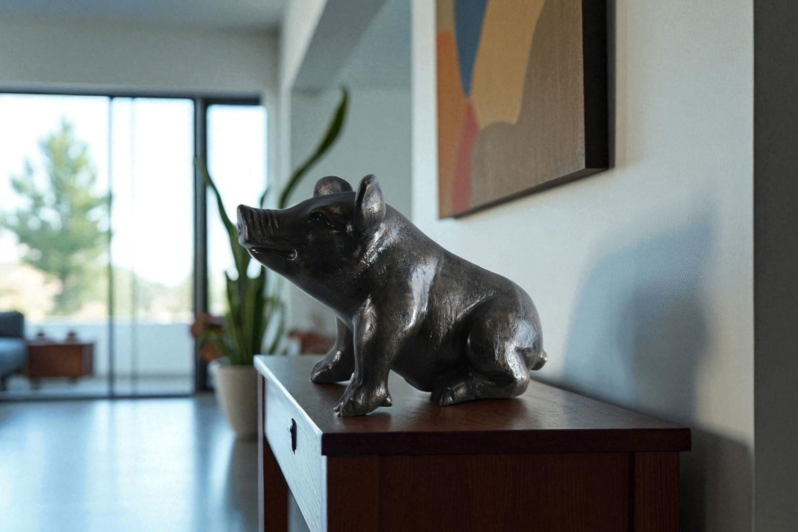 Playful Pig Sitting Statue - Aluminum Farmhouse Animal Decor for Garden, Patio, or Rustic Interiors - 12