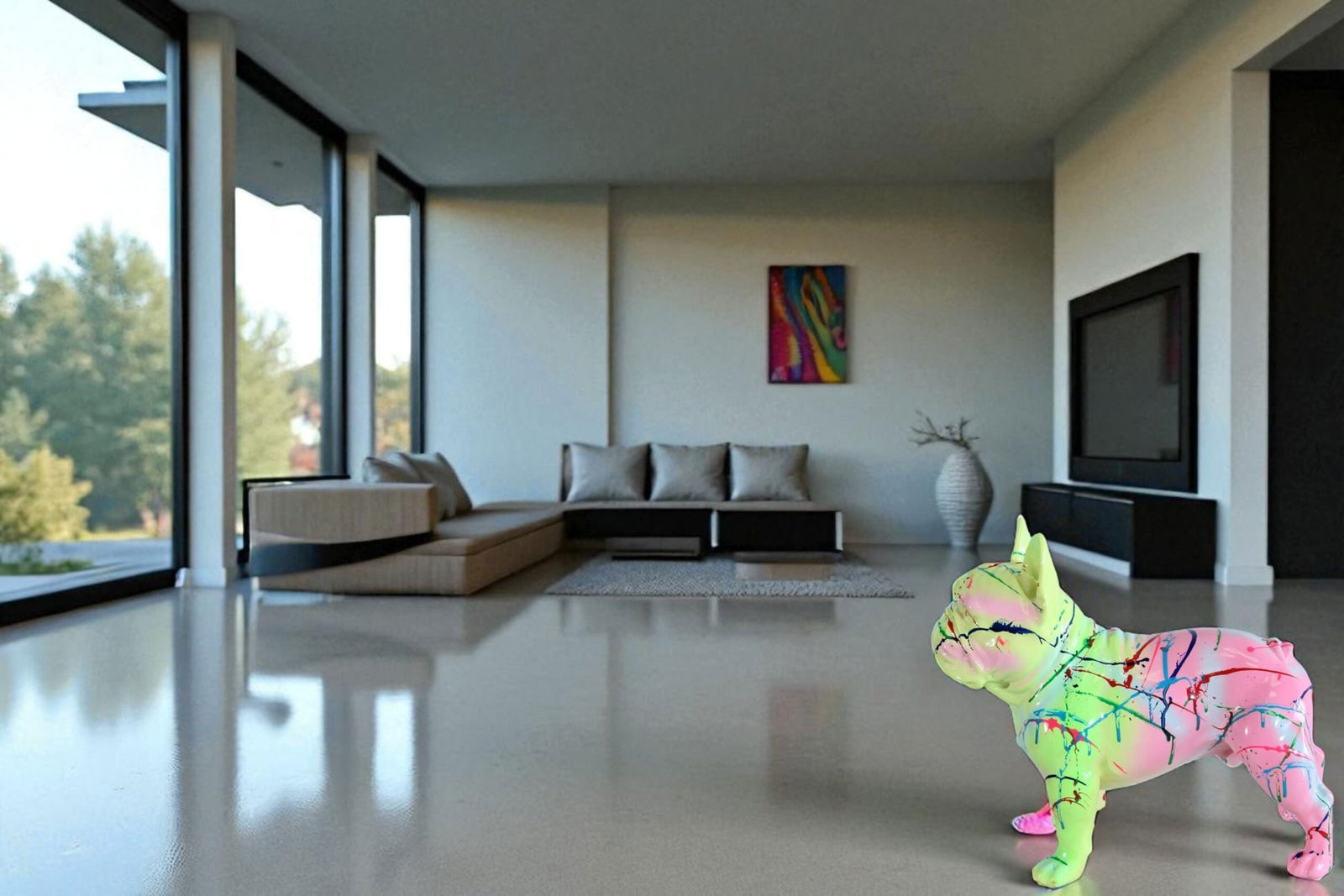 Colorful French Bulldog Statue - Hand-Painted Resin Dog Figurine with Neon Splatter Paint Design, - 2