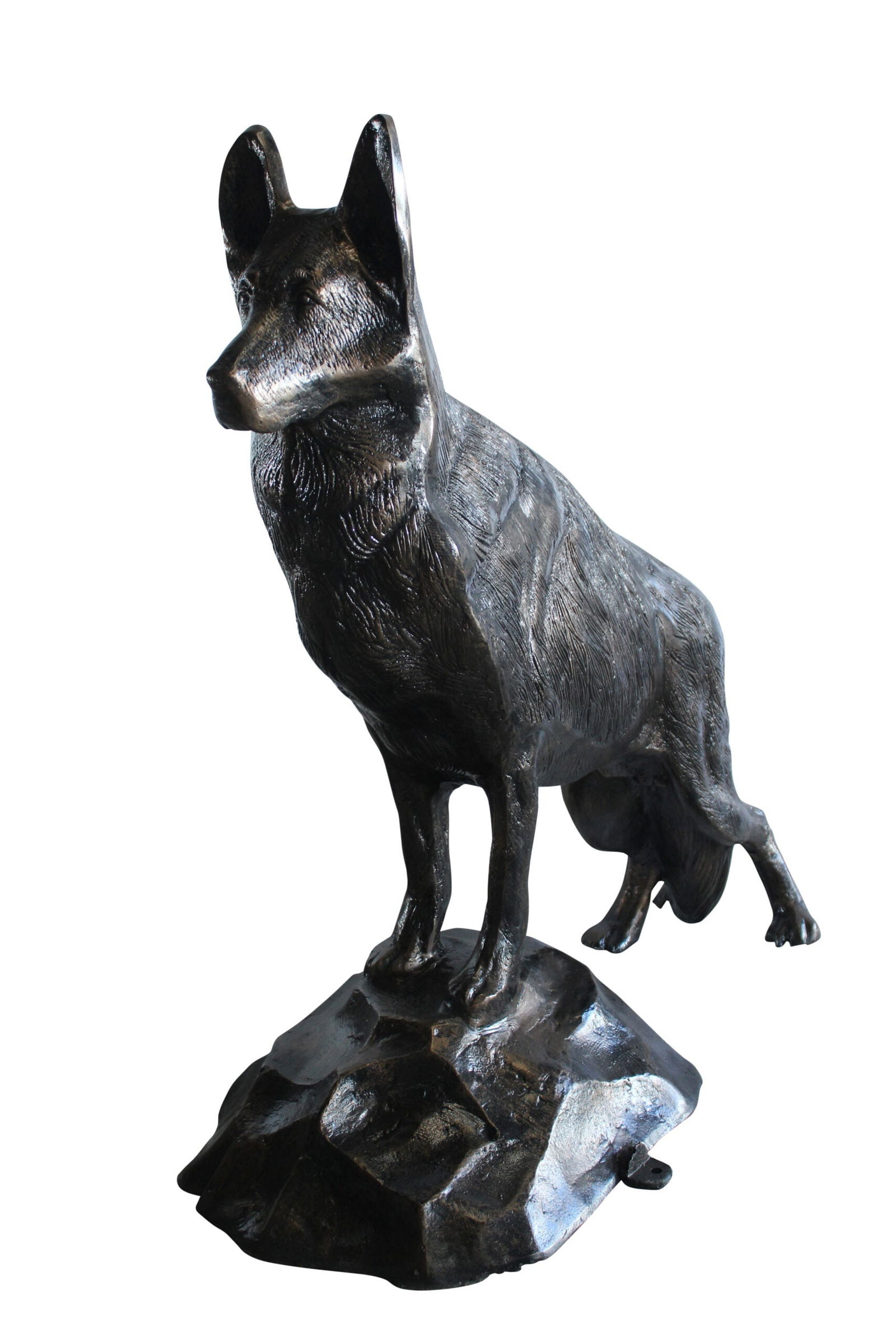 Giant Aluminum German Shepherd Statue Standing on Rock Base - Outdoor & Indoor Decorative Sculpture: Title:Giant Aluminum German Shepherd Statue Standing on Rock Base - Outdoor & Indoor Decorative Sculpture - Large 46" x 20" x 49"Description:This giant aluminum statue showcases a proud German