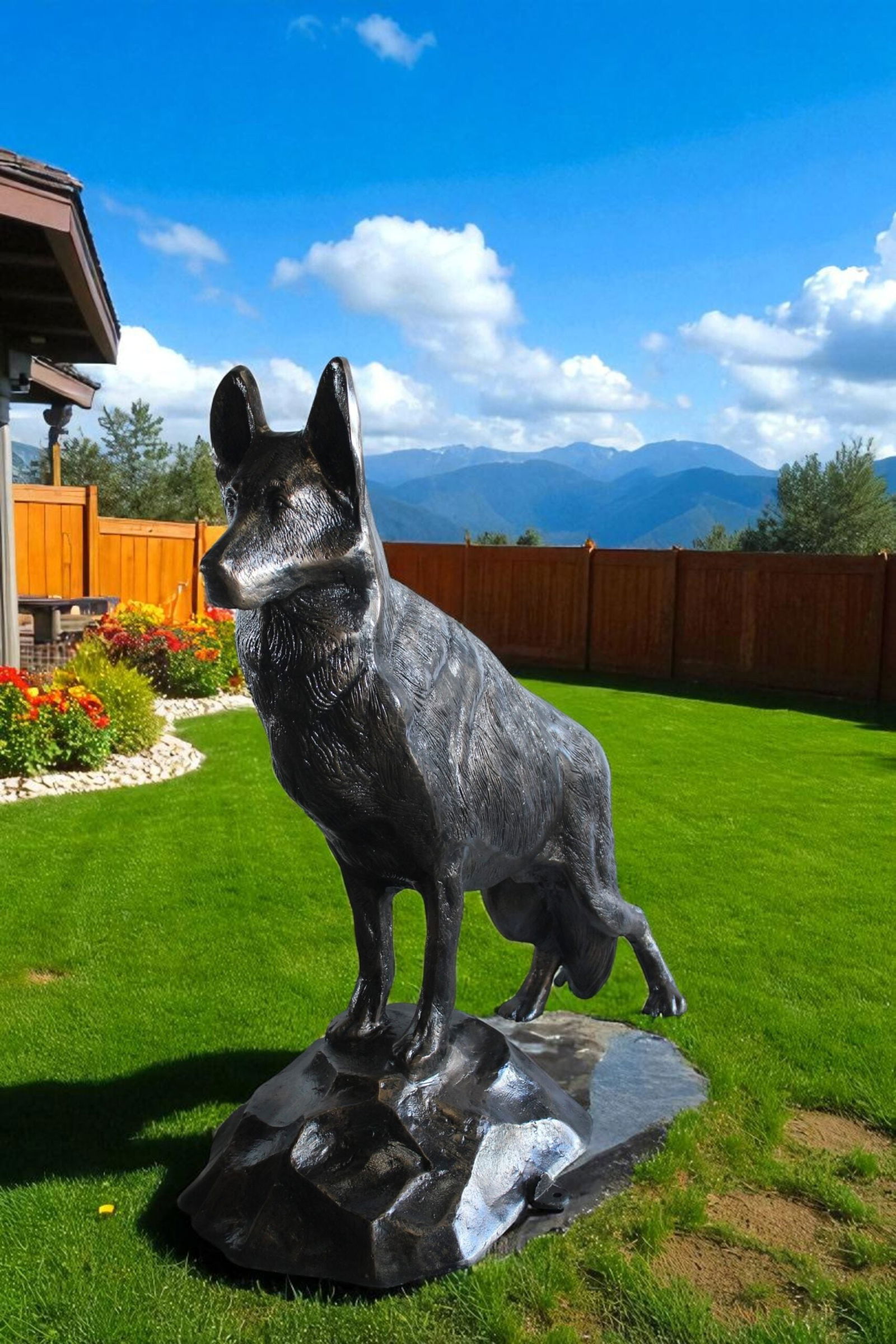 Giant Aluminum German Shepherd Statue Standing on Rock Base - Outdoor & Indoor Decorative Sculpture - 9
