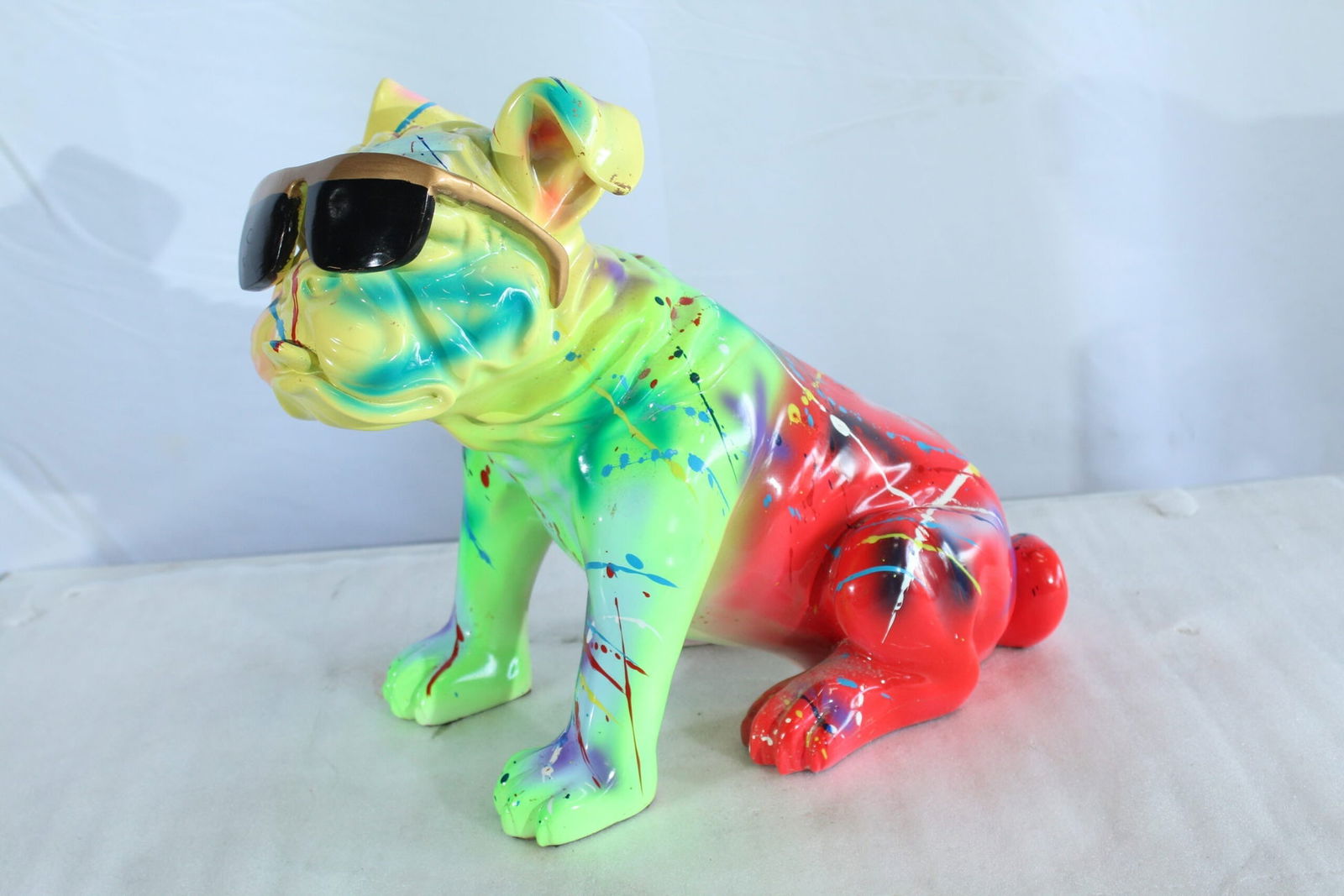 Colorful Resin Bulldog Statue with Sunglasses - Hand-Painted Multicolored Paint-Splatter Dog, Modern - 10
