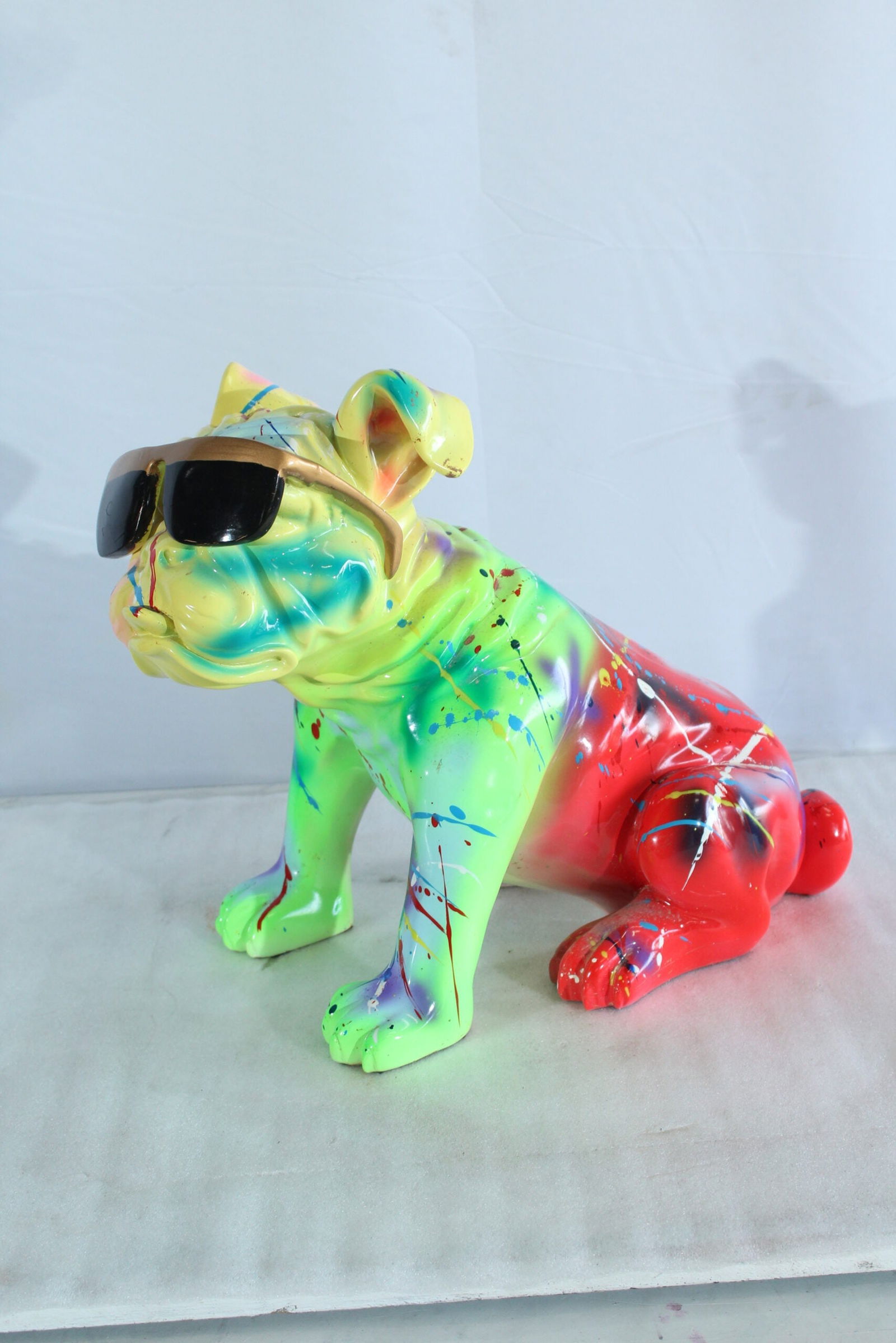 Colorful Resin Bulldog Statue with Sunglasses - Hand-Painted Multicolored Paint-Splatter Dog, Modern - 11