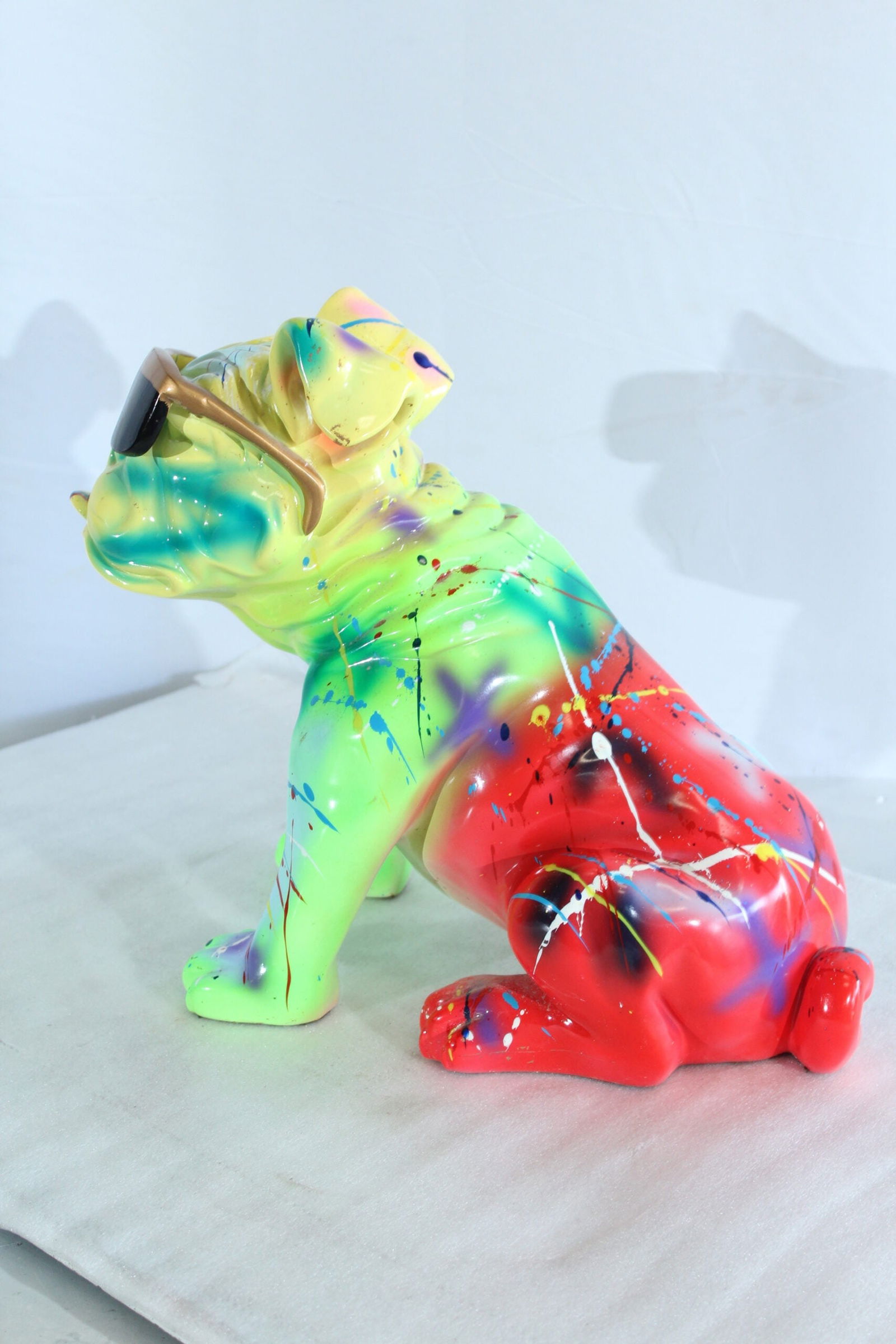 Colorful Resin Bulldog Statue with Sunglasses - Hand-Painted Multicolored Paint-Splatter Dog, Modern - 2