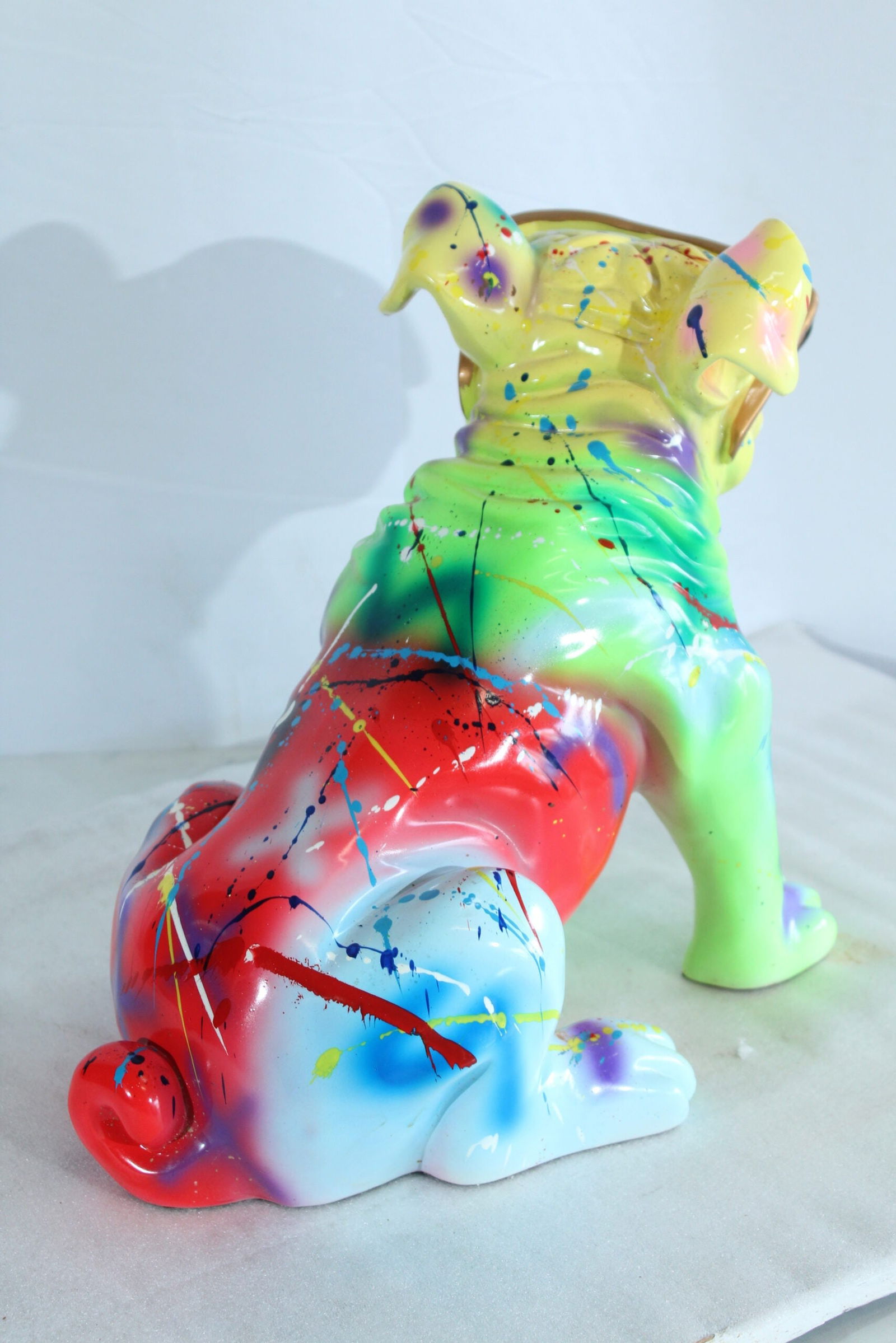 Colorful Resin Bulldog Statue with Sunglasses - Hand-Painted Multicolored Paint-Splatter Dog, Modern - 5