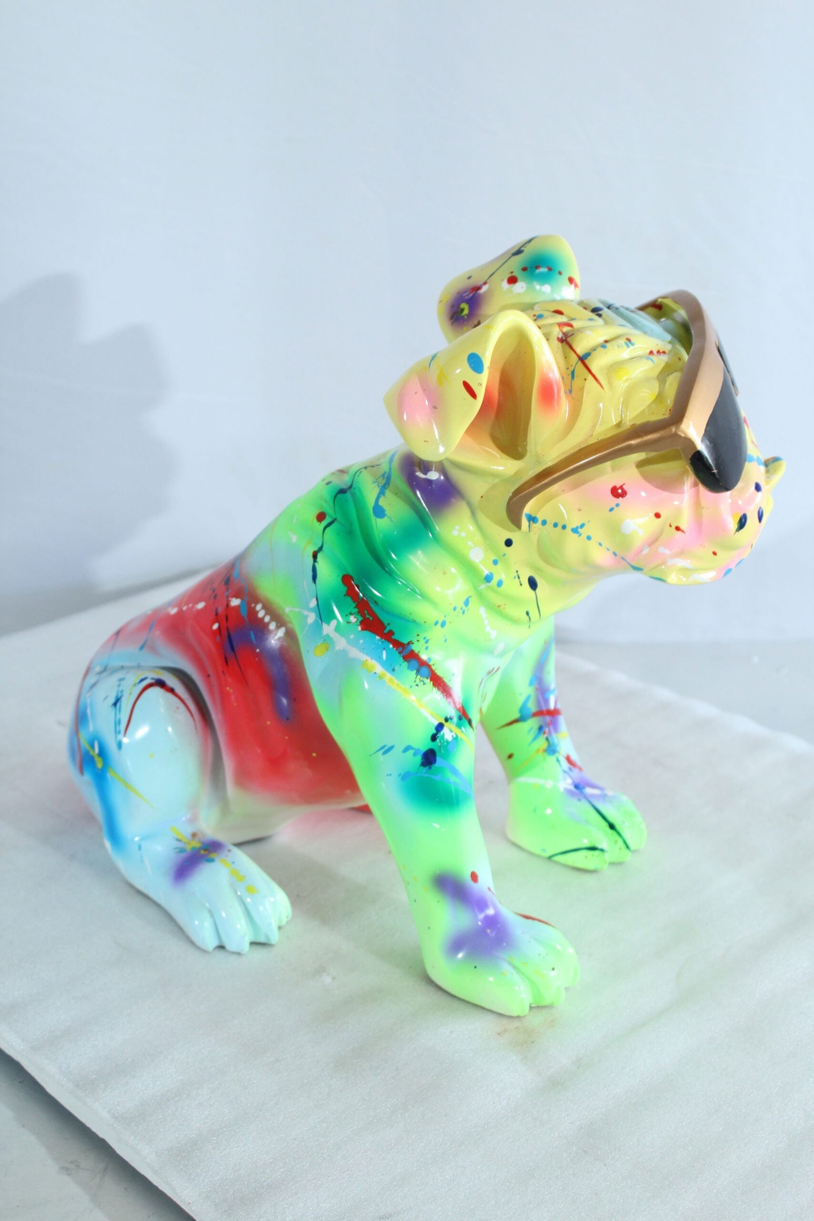 Colorful Resin Bulldog Statue with Sunglasses - Hand-Painted Multicolored Paint-Splatter Dog, Modern - 6