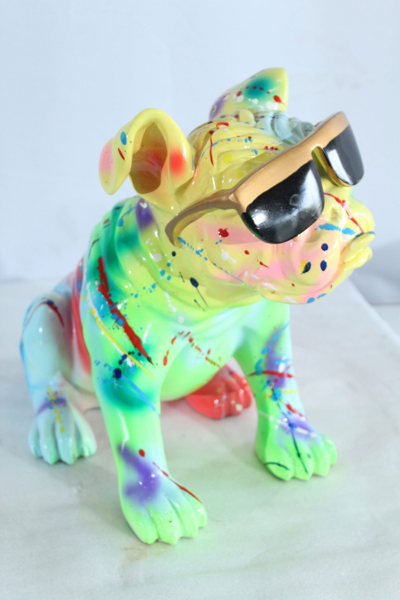 Colorful Resin Bulldog Statue with Sunglasses - Hand-Painted Multicolored Paint-Splatter Dog, Modern - 7