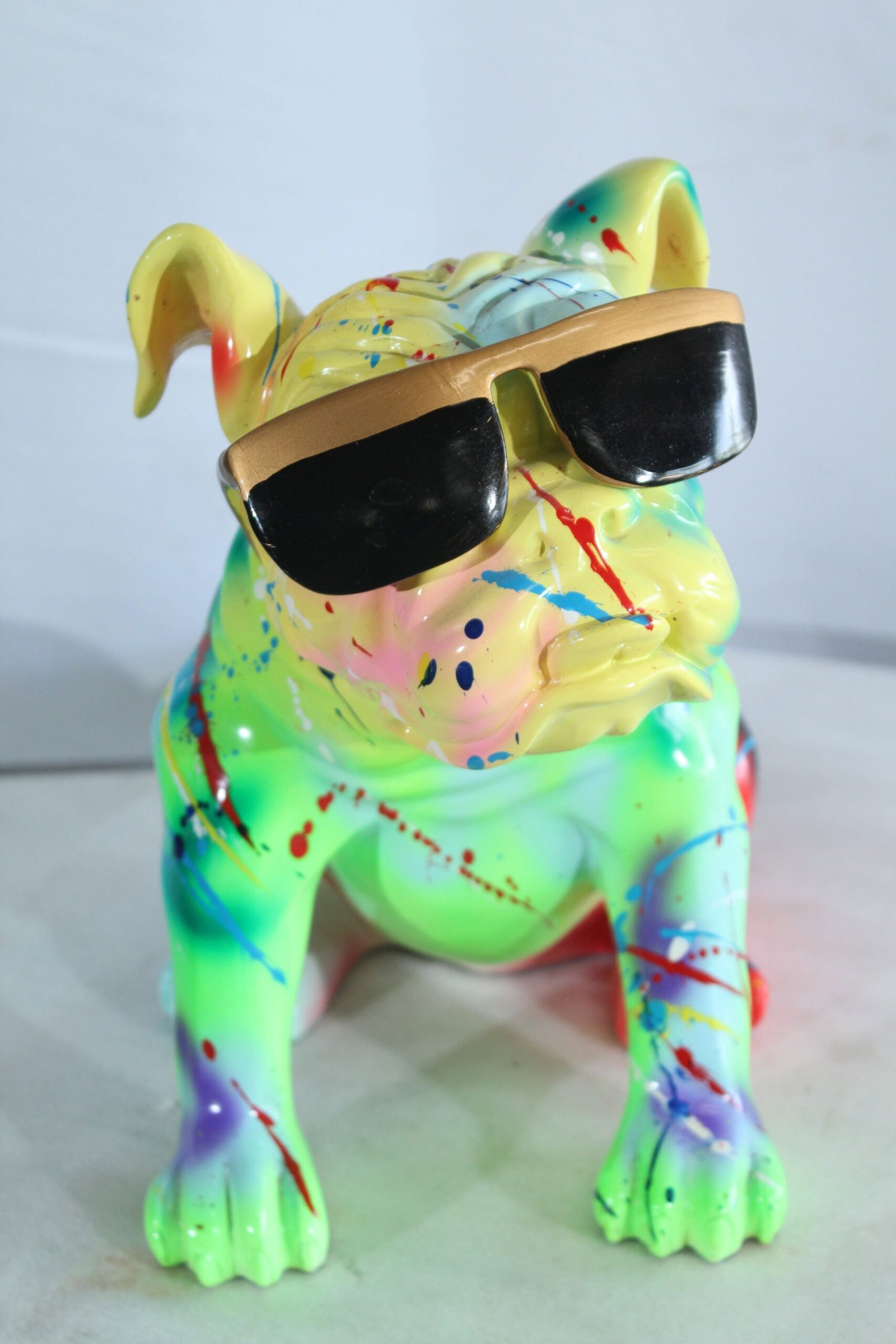 Colorful Resin Bulldog Statue with Sunglasses - Hand-Painted Multicolored Paint-Splatter Dog, Modern - 8