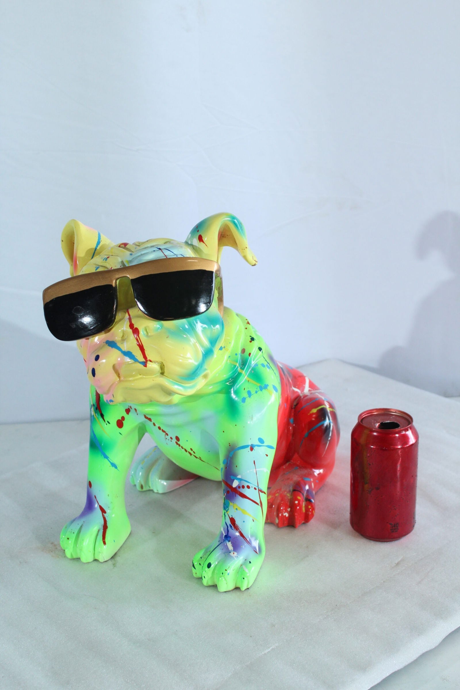 Colorful Resin Bulldog Statue with Sunglasses - Hand-Painted Multicolored Paint-Splatter Dog, Modern - 9
