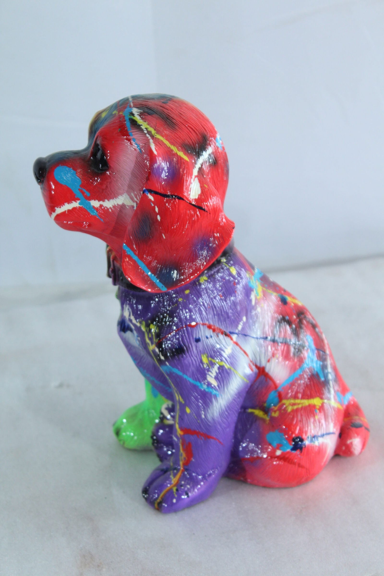 Resin Puppy Statue- Colorful Indoor/Outdoor Dog Sculpture with Abstract Multicolor Paint Splatter - 12