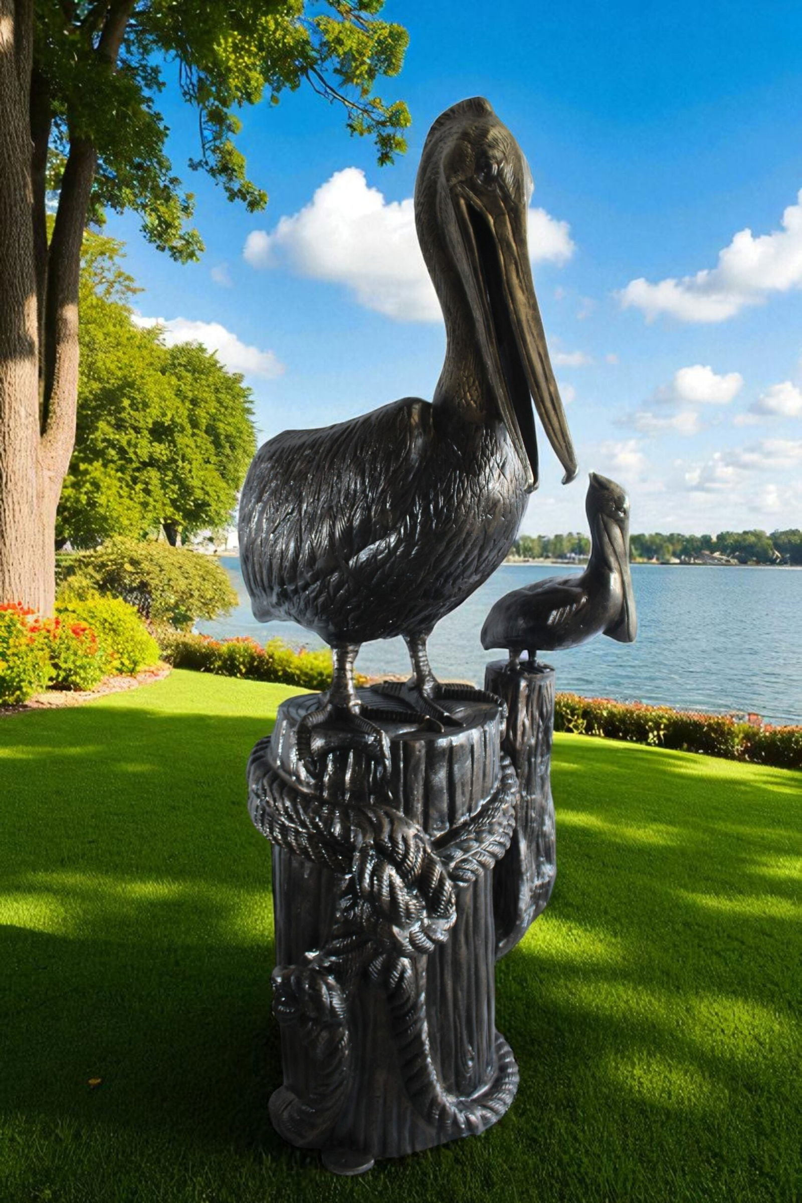 Giant Aluminum Mama Pelican with Baby Pelican Statue on Post 40" x 33" x 78"H - 7