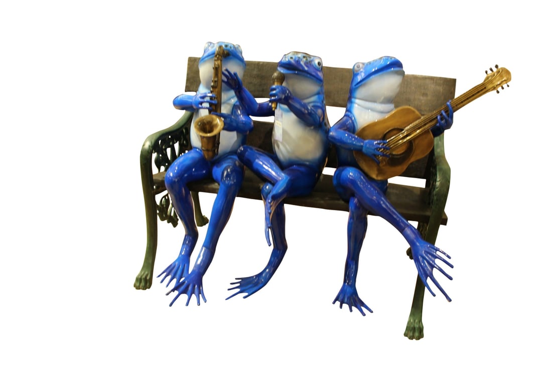 Musical Frogs on a Bench Bronze Statue - Size: 41"L x 23"W x 33"H.: Title:Musical Frogs on a Bench Bronze Statue - Size: 41"L x 23"W x 33"H. Description:This gorgeous bronze sculpture of three musical frogs on a bench is a Garden Decoration Figurine that has the fines