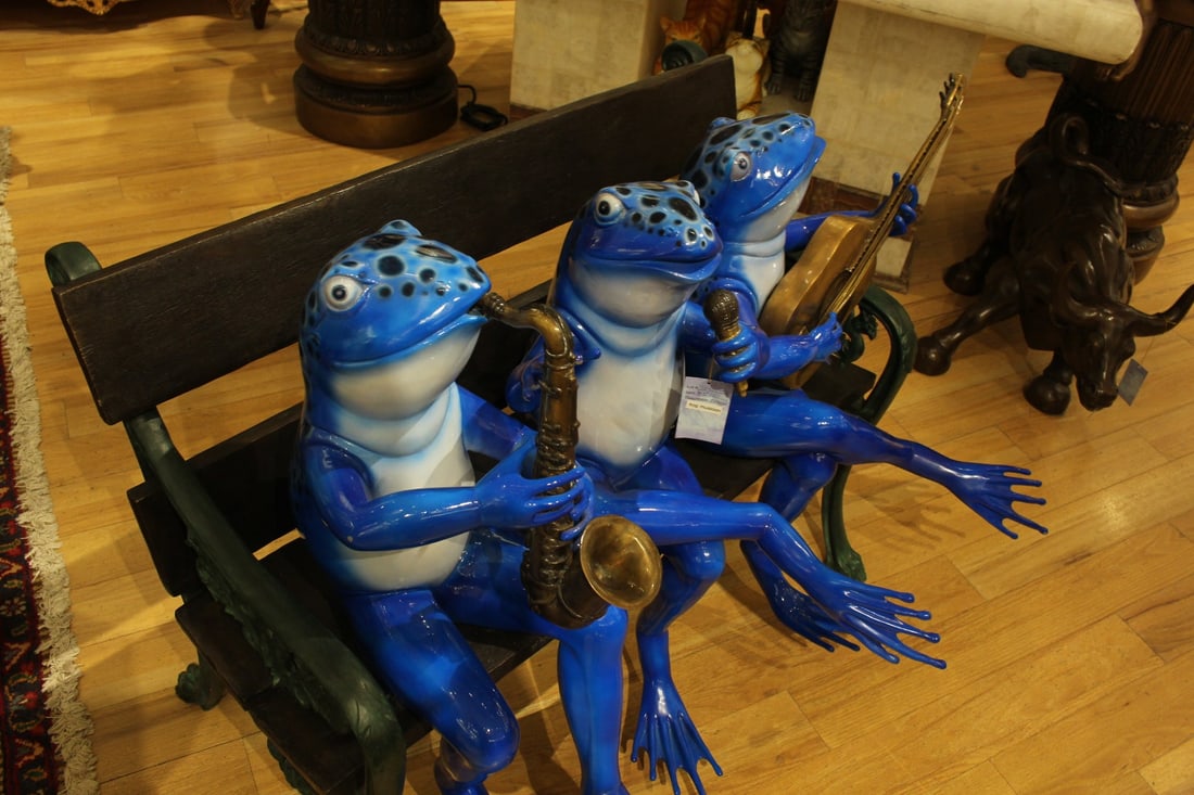Musical Frogs on a Bench Bronze Statue - Size: 41"L x 23"W x 33"H. - 3