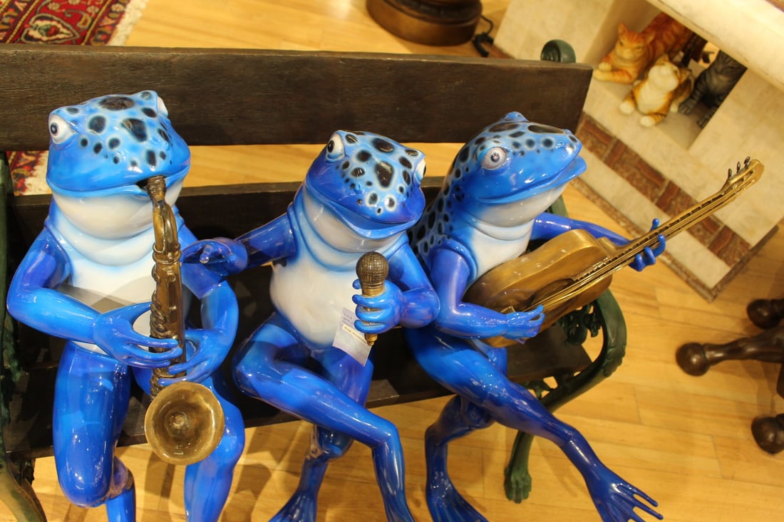 Musical Frogs on a Bench Bronze Statue - Size: 41"L x 23"W x 33"H. - 4