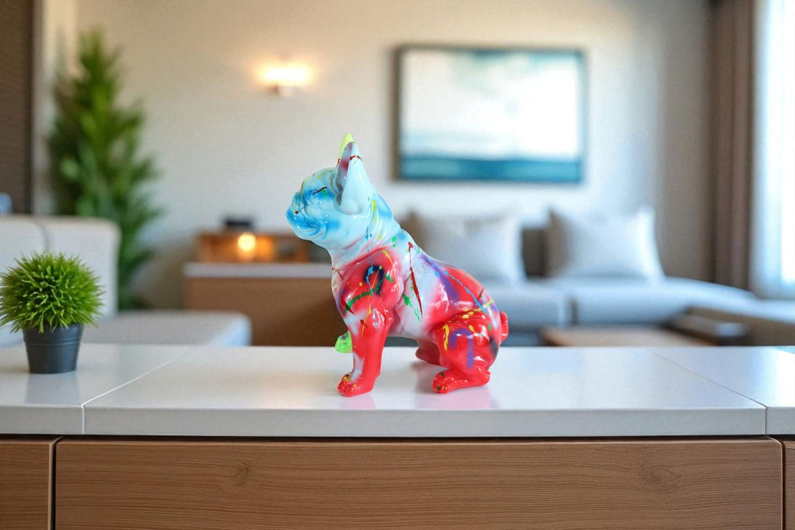 Colorful Resin French Bulldog Statue -Tall Hand-Painted Pop Art Dog Figurine with Bold Splash - 2