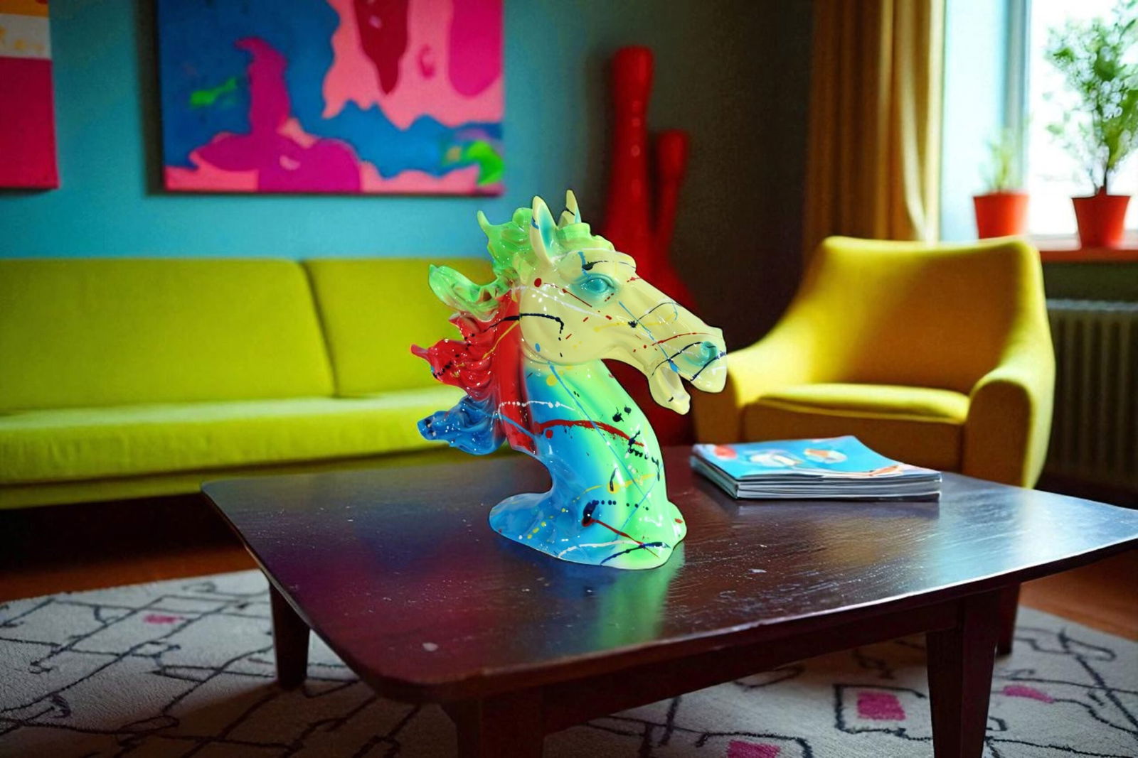 Colorful Graffiti Resin Horse Head Sculpture - Modern Art Decor with Neon Splashes, High-Gloss Resin - 2