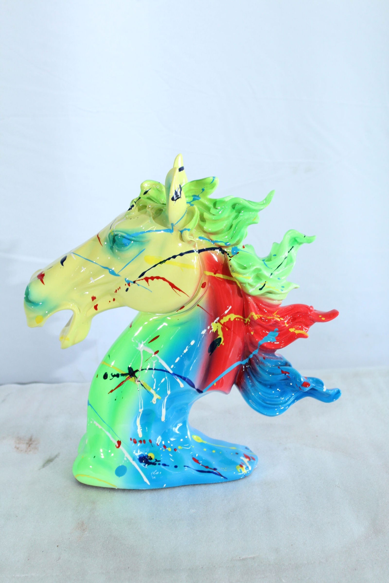 Colorful Graffiti Resin Horse Head Sculpture - Modern Art Decor with Neon Splashes, High-Gloss Resin - 3