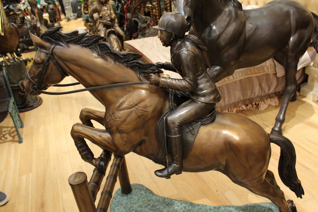Jockey and Horse Jump a Fence Bronze Statue - Size: 60"L x 30"W x 51"H. - 10