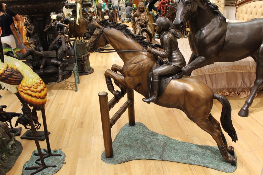 Jockey and Horse Jump a Fence Bronze Statue - Size: 60"L x 30"W x 51"H. - 12