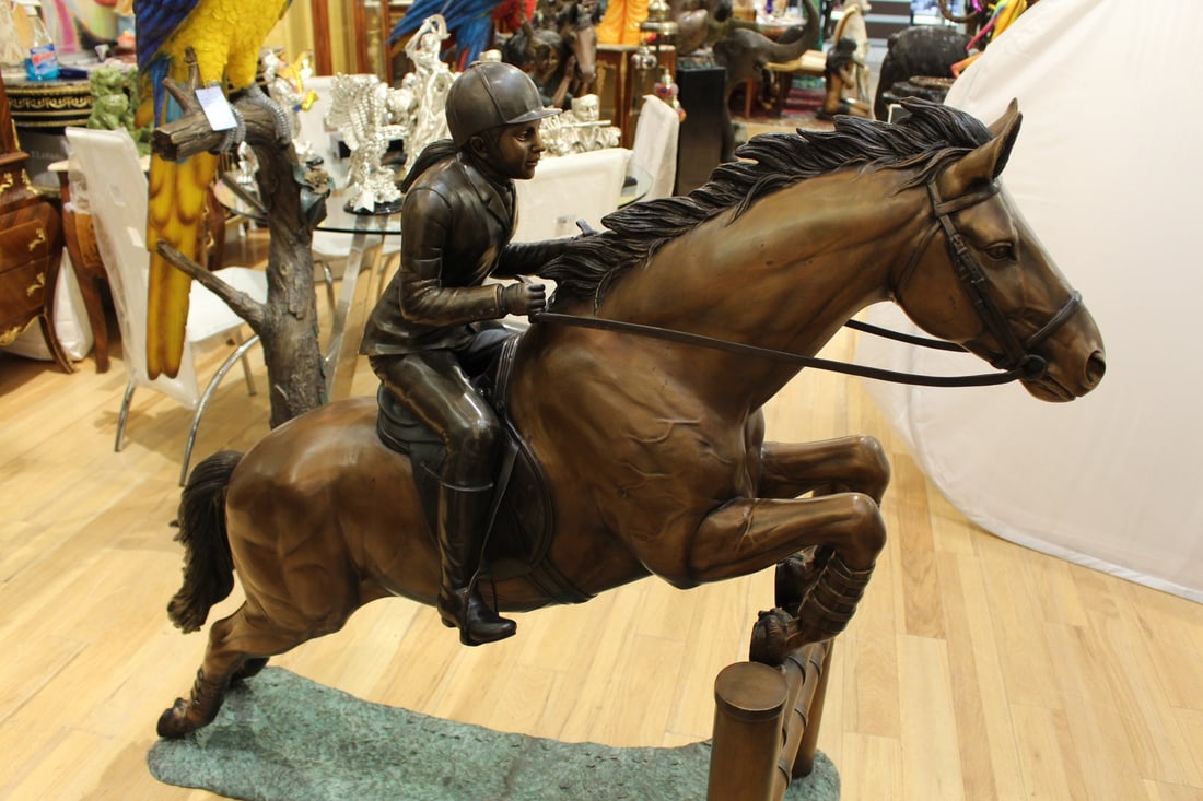 Jockey and Horse Jump a Fence Bronze Statue - Size: 60"L x 30"W x 51"H. - 13