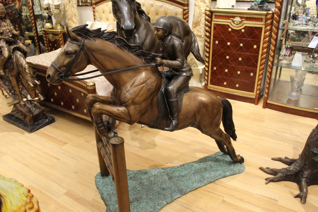 Jockey and Horse Jump a Fence Bronze Statue - Size: 60"L x 30"W x 51"H. - 3