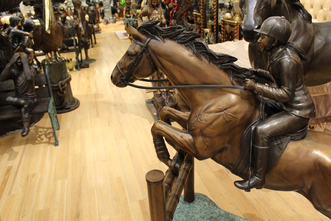 Jockey and Horse Jump a Fence Bronze Statue - Size: 60"L x 30"W x 51"H. - 4